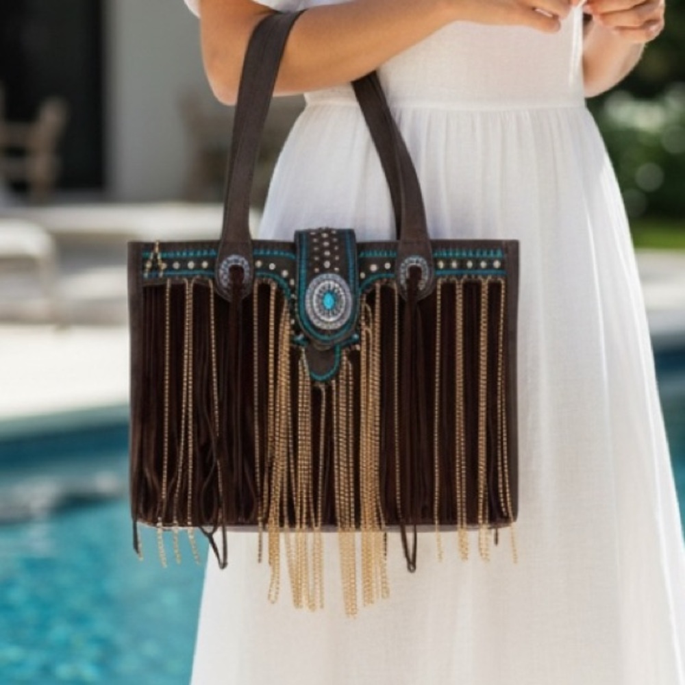 Montana West Fringe Carry Concealed Beaded Handbag NWT